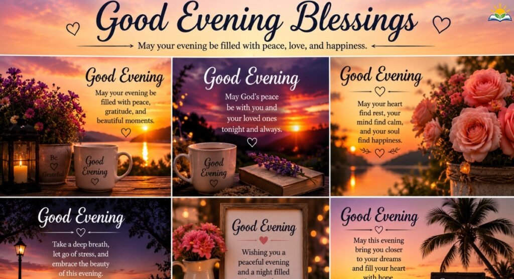 Beautiful good evening blessings images with sunset, flowers, candles, and peaceful evening messages