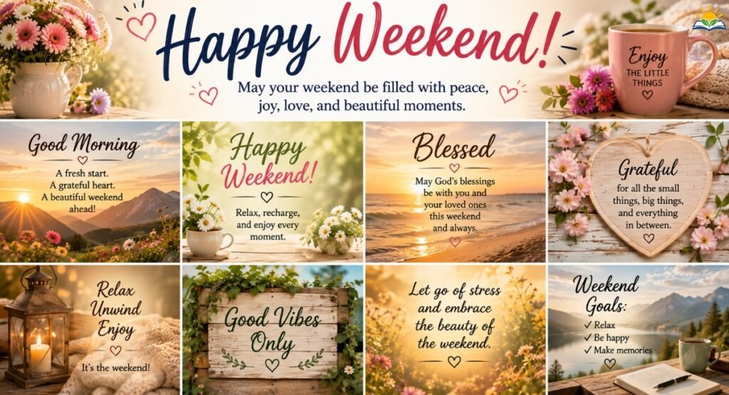 Beautiful weekend greetings and blessings images with flowers, sunrise, and positive messages