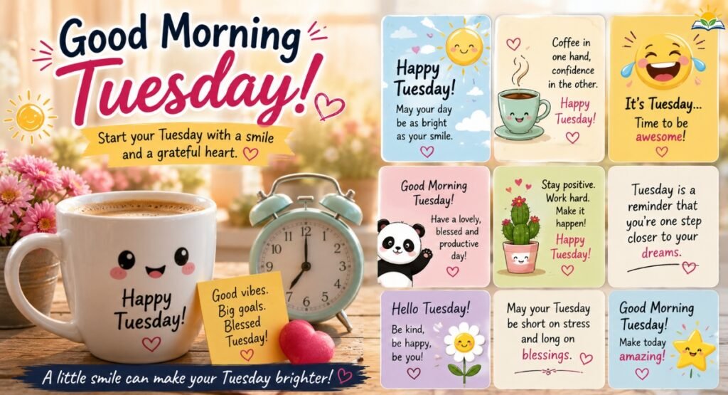 cute funny and short Tuesday morning messages with coffee and sunshine