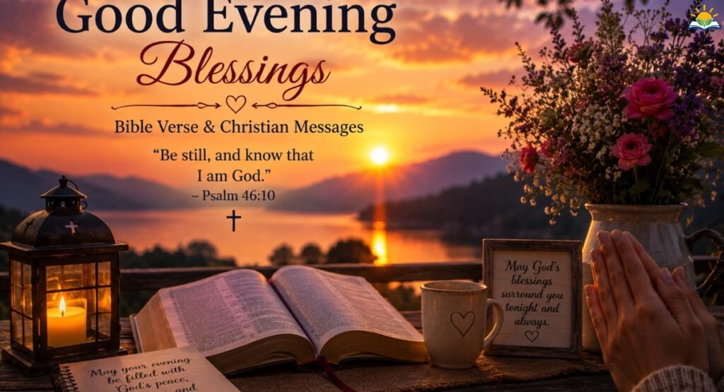 Good evening Bible verses and Christian messages with a peaceful sunset, Bible, and prayer scene