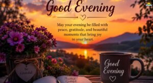 Good evening blessings and wishes with a peaceful sunset, flowers, and warm evening scene