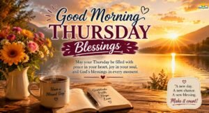 Good Morning Thursday Blessings with a peaceful sunrise and morning coffee