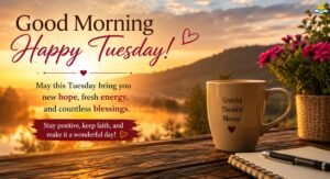 good morning Tuesday blessings with peaceful sunrise and morning coffee