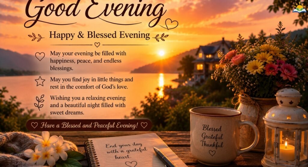 Happy and blessed evening messages with a peaceful sunset, flowers, and warm evening atmosphere