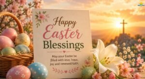 Happy Easter Blessings 2026 with flowers and Easter eggs