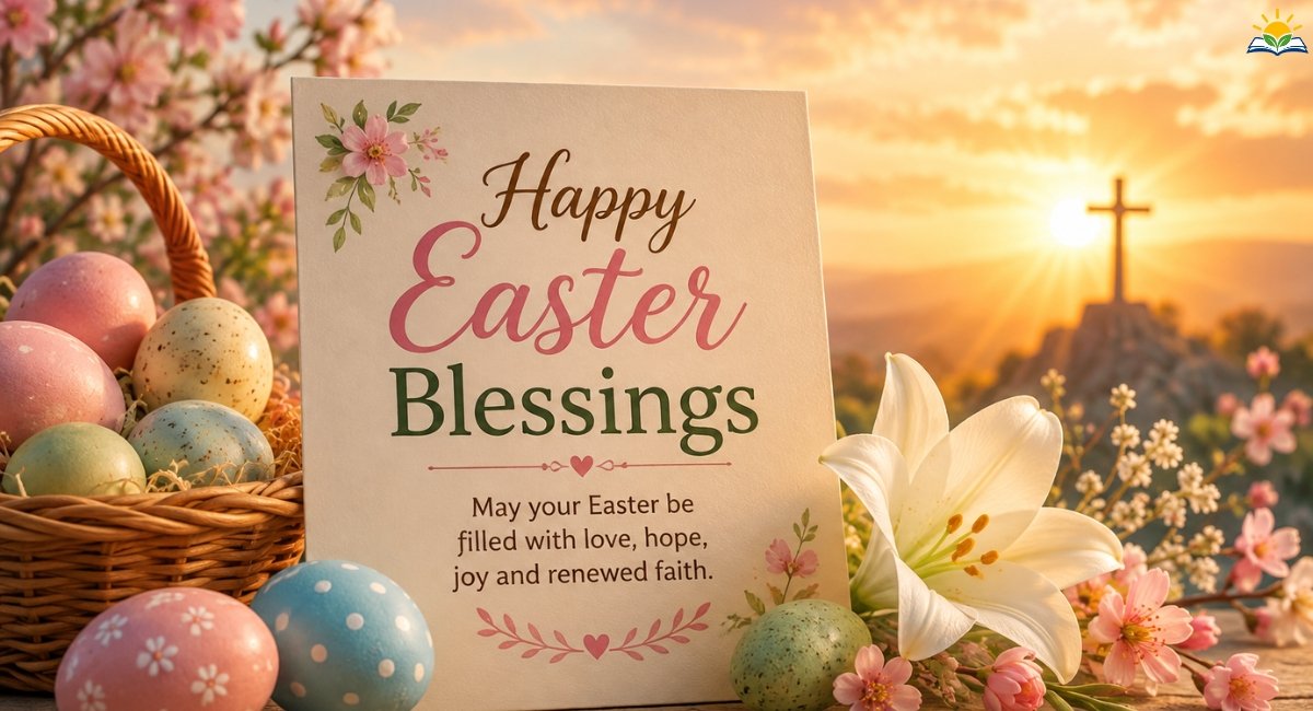 Happy Easter Blessings 2026 with flowers and Easter eggs