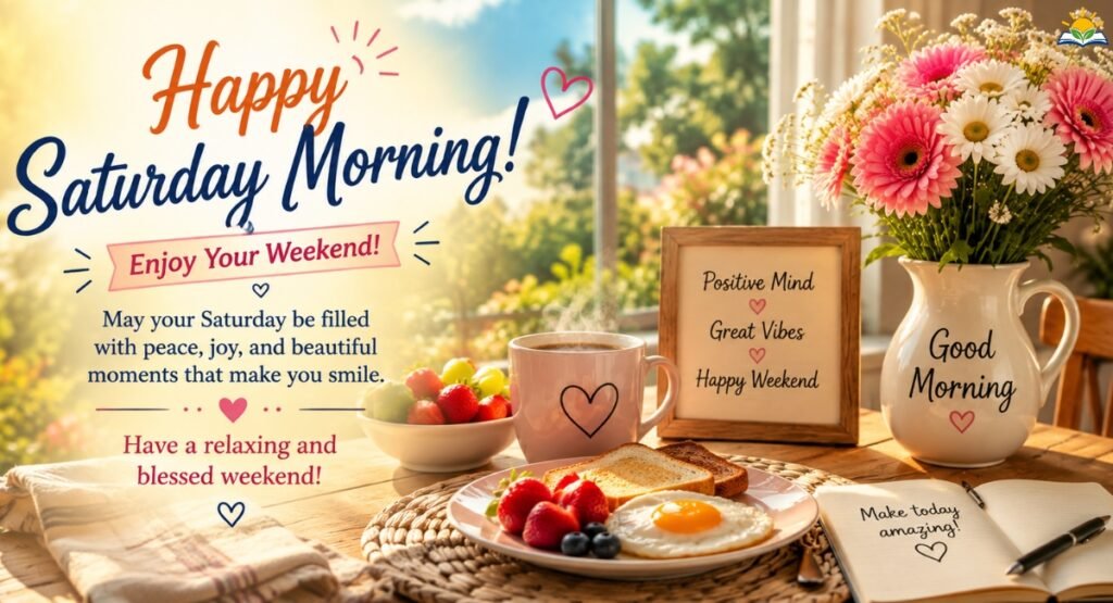 Happy Saturday morning wishes with weekend blessings and a cheerful breakfast scene