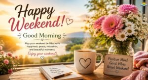 Happy weekend wishes with good morning messages and peaceful morning scene