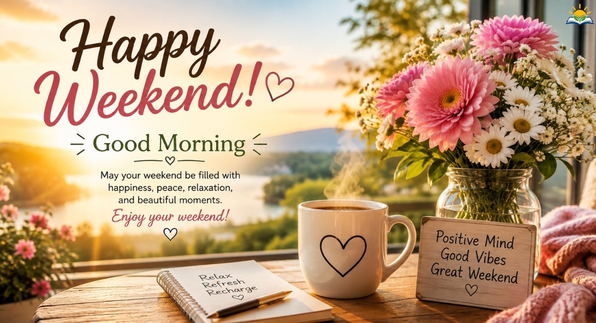 Happy weekend wishes with good morning messages and peaceful morning scene