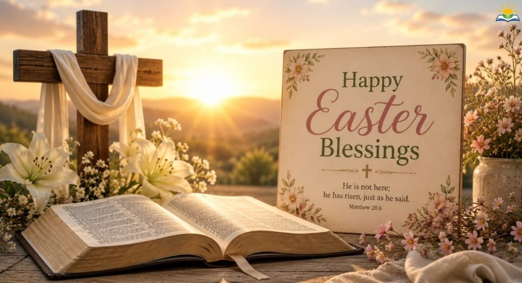 Religious Easter blessings and prayers with Bible and cross