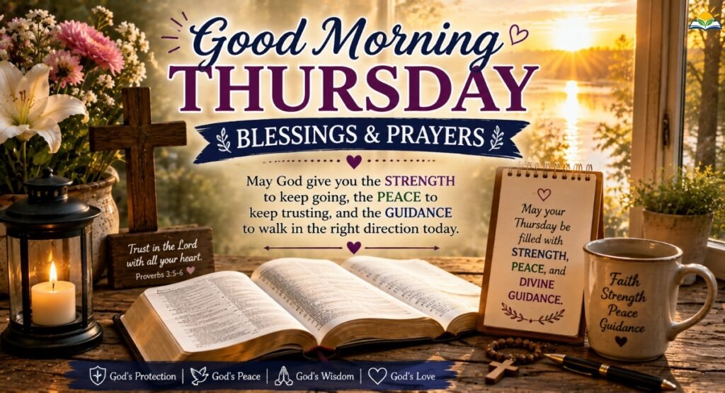 Thursday morning blessings and prayers with an open Bible, cross, and peaceful sunrise