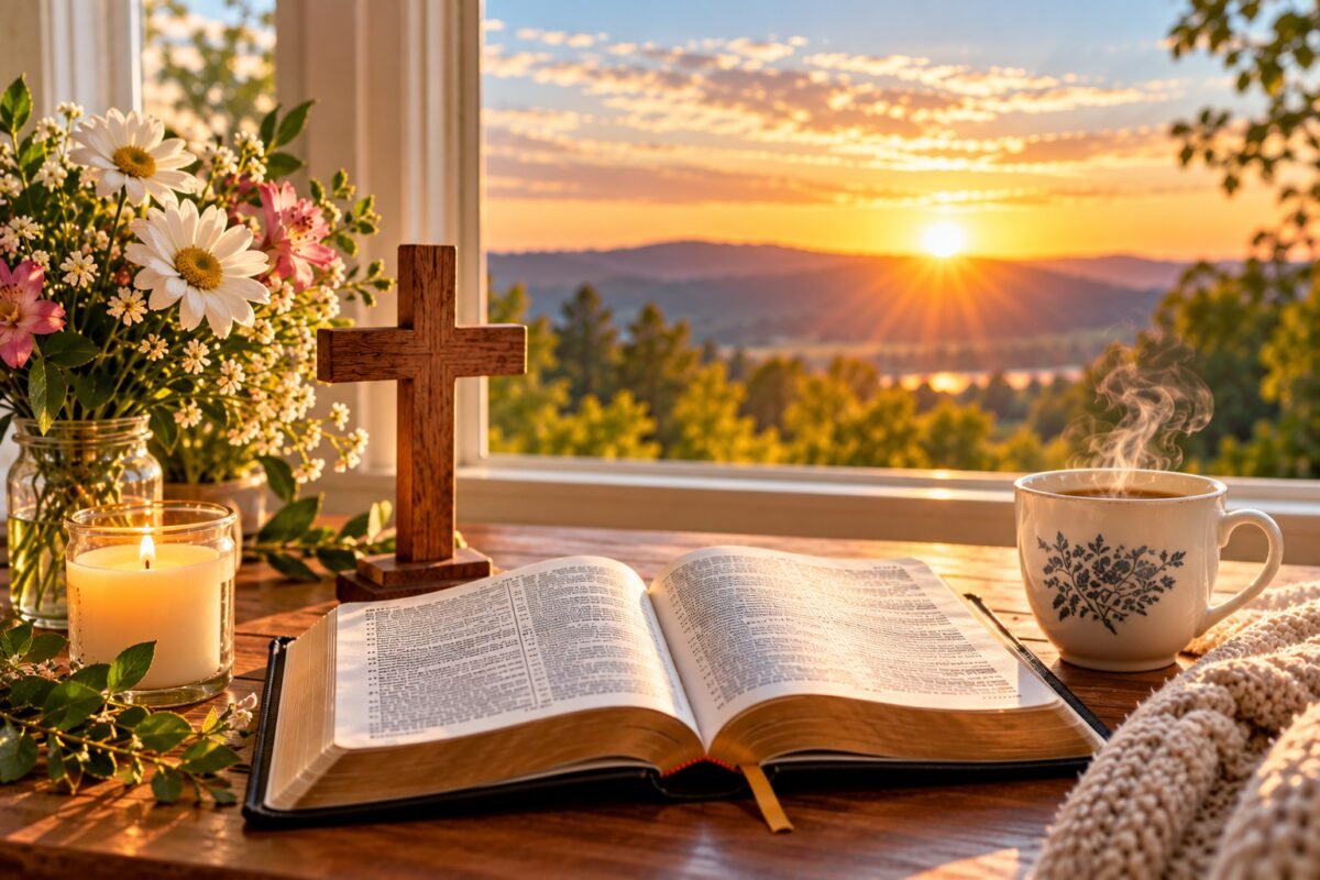 A quiet moment of prayer beside an open Bible, representing hope and comfort for a loved one