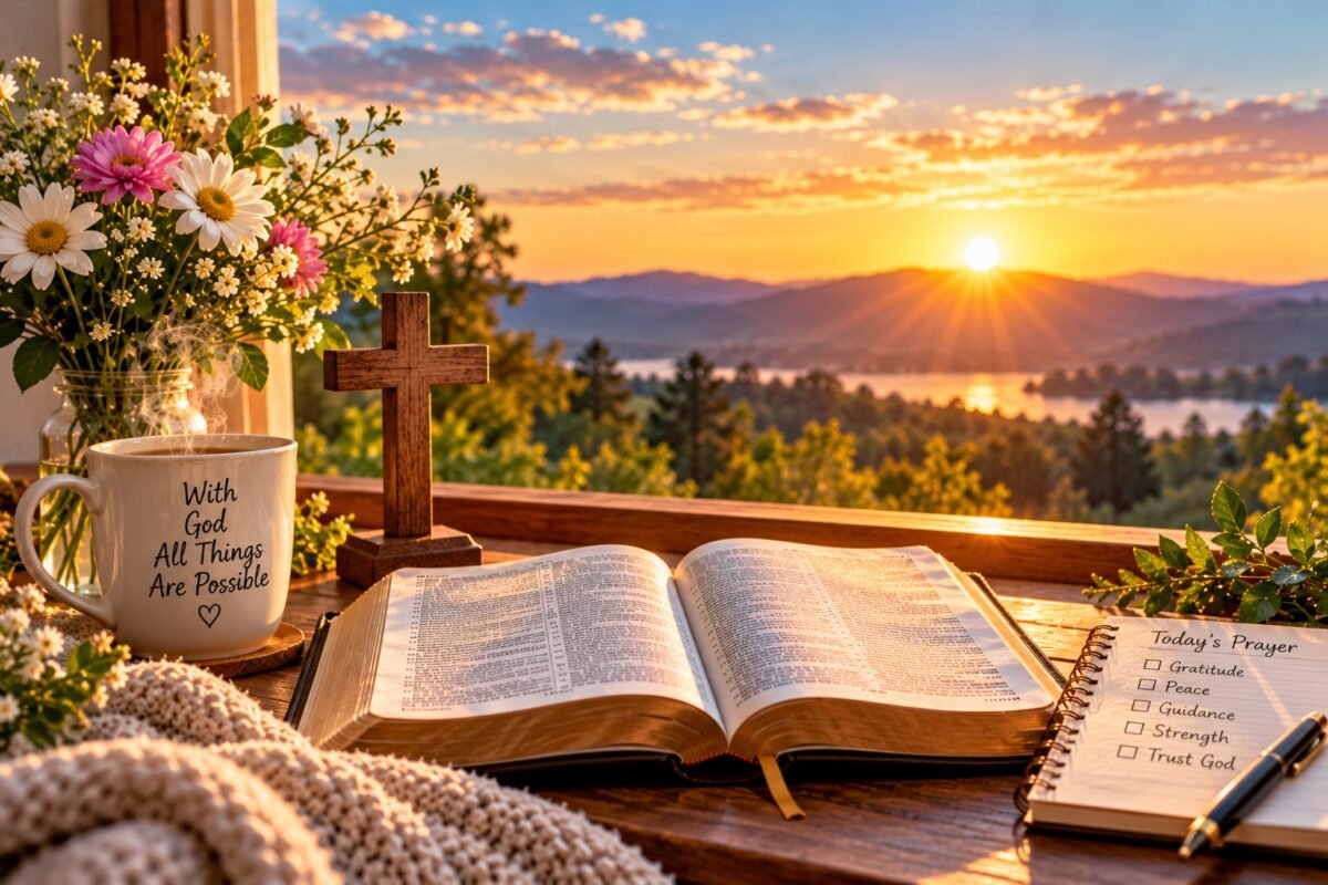 An open Bible on a table during a quiet prayer for comfort and hope