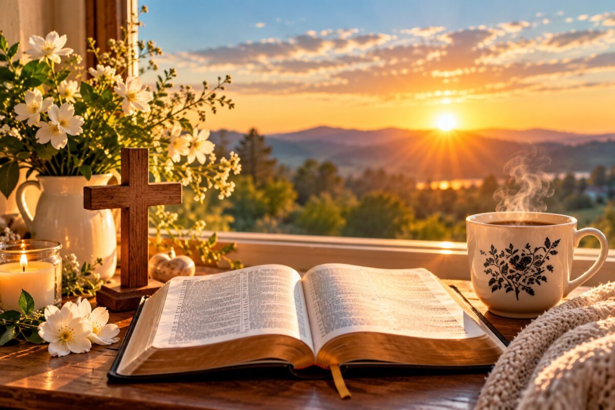 Open Bible, wooden cross, flowers, candle and coffee at sunrise for a peaceful morning prayer