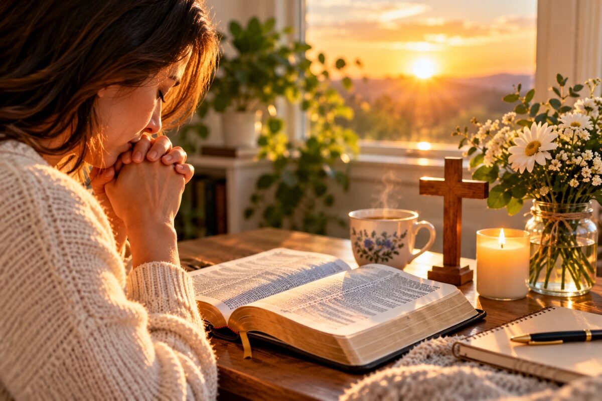 Woman quietly praying beside an open Bible in warm morning light